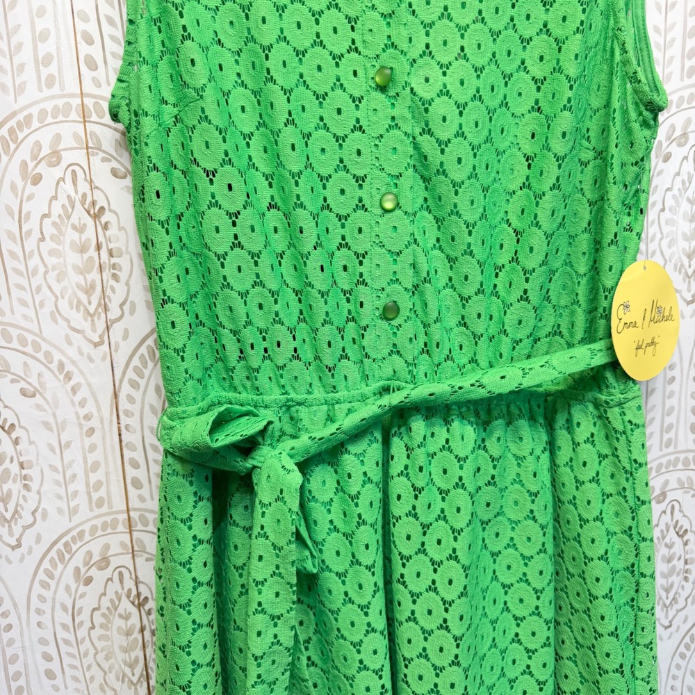 Emma & Michele Shirt Dress Womens 12P Green Eyelet Lace‎ Sleeveless Belted - Picture 3 of 7